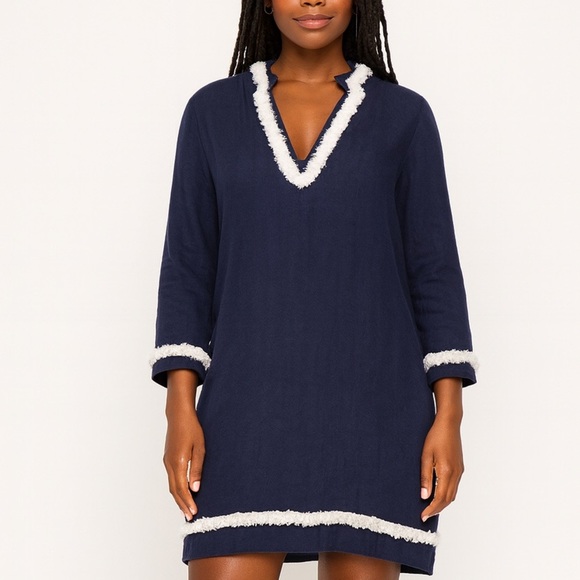 SAIL TO SABLE 100% Linen V Neck Navy Blue Tunic White Fringe Trim Shift dress - Picture 1 of 9